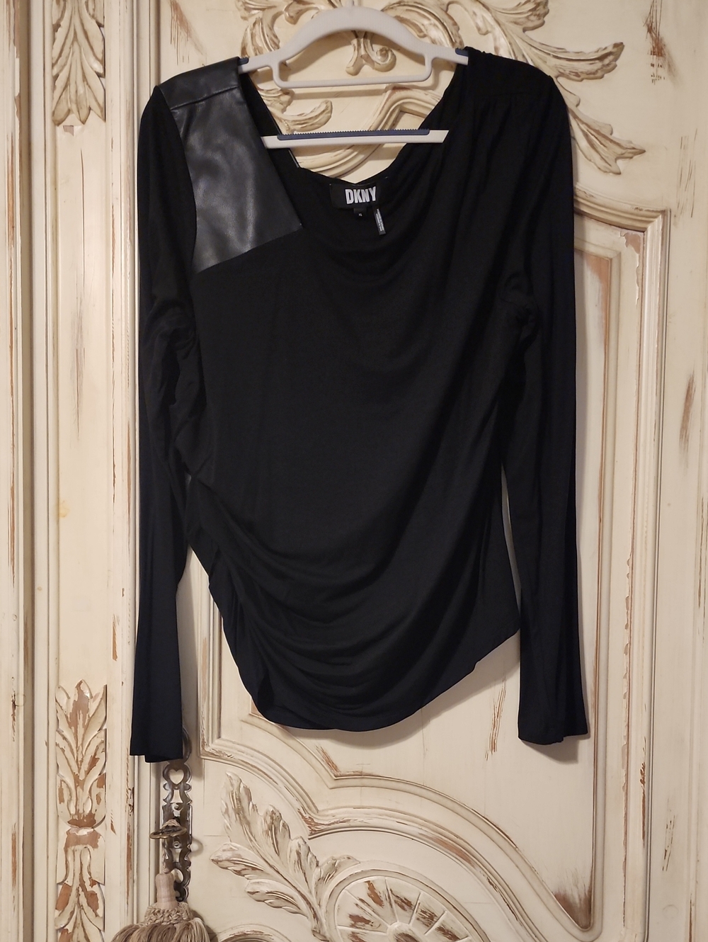 DKNY Black Long Sleeve Top with Faux-Leather Shoulder